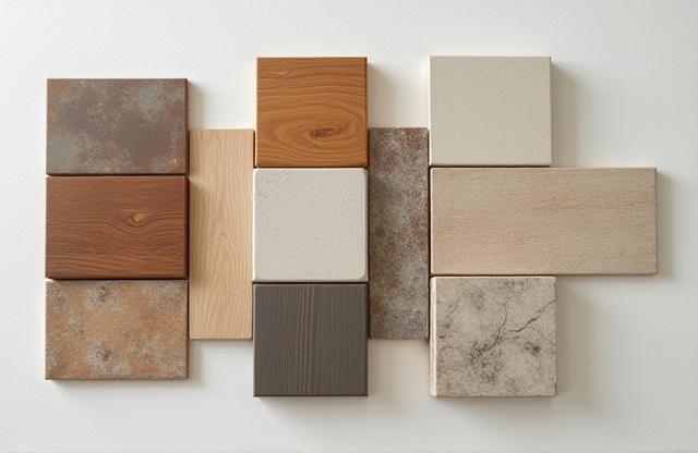 Collection of high-quality material samples from Mabel Tasarım, including wood, stone, and metal finishes.