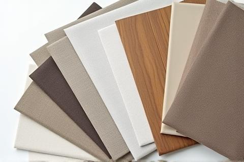 Image of a curated set of premium architectural material samples, including fabric, tile, and wood.