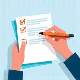 Illustrated icon representing filling out a contest entry form with a pen and paper.